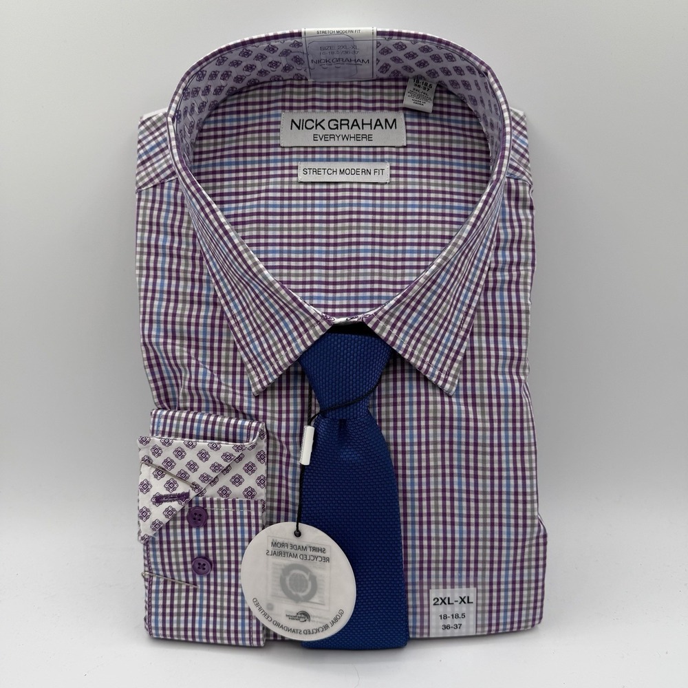 Nick Graham Stretch Fabric Shirt & Tie Set Men 2XL/XL 18-18.5 36-37 Purple Plaid